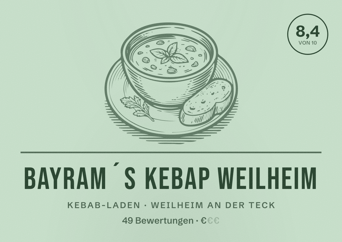Illustriertes Poster von Bayram´s Kebap Weilheim, Kebab-Laden in Weilheim an der Teck: Bewertung 8,4 von 10 aus 49 Bewertungen, Preisniveau €