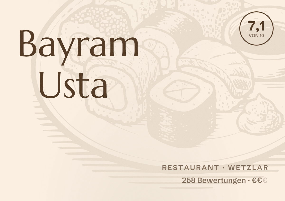 Illustriertes Poster von Bayram Usta, Restaurant in Wetzlar: Bewertung 7,1 von 10 aus 258 Bewertungen, Preisniveau €€