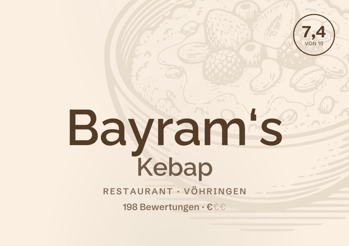 Illustriertes Poster von Bayram‘s Kebap, Restaurant in Vöhringen: Bewertung 7,4 von 10 aus 198 Bewertungen, Preisniveau €