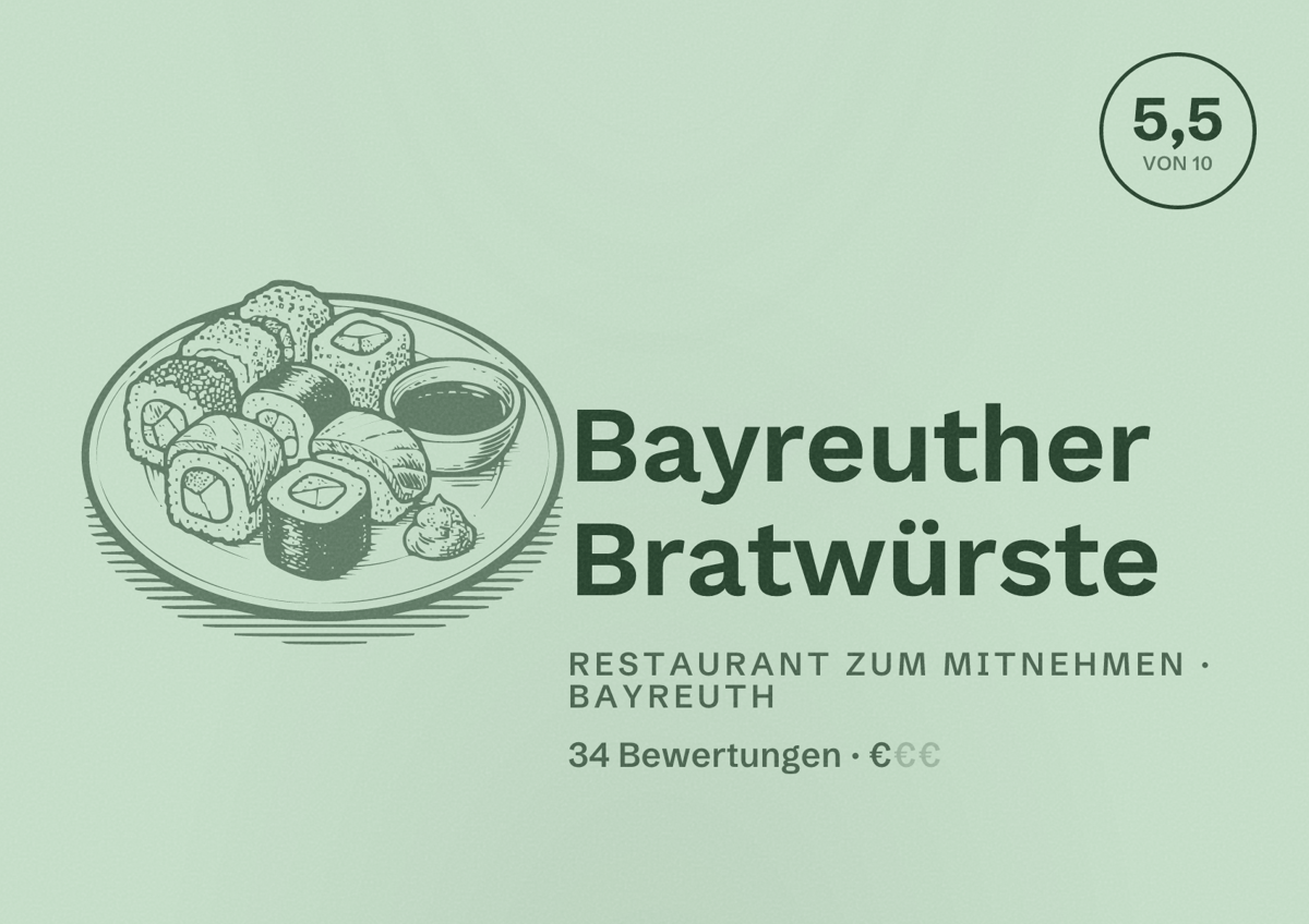Illustriertes Poster von Bayreuther Bratwürste, Restaurant zum Mitnehmen in Bayreuth: Bewertung 5,5 von 10 aus 34 Bewertungen, Preisniveau €