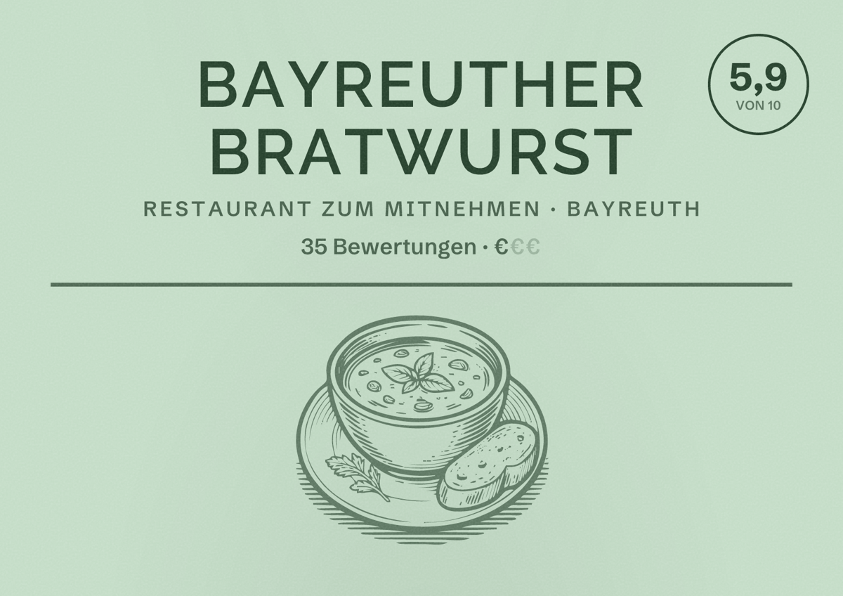 Illustriertes Poster von Bayreuther Bratwurst, Restaurant zum Mitnehmen in Bayreuth: Bewertung 5,9 von 10 aus 35 Bewertungen, Preisniveau €