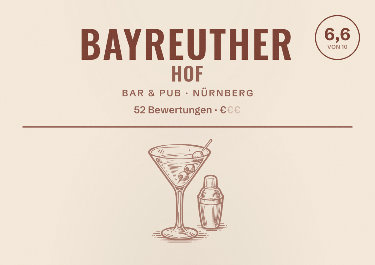 Illustriertes Poster von Bayreuther Hof, Bar & Pub in Nürnberg: Bewertung 6,6 von 10 aus 52 Bewertungen, Preisniveau €