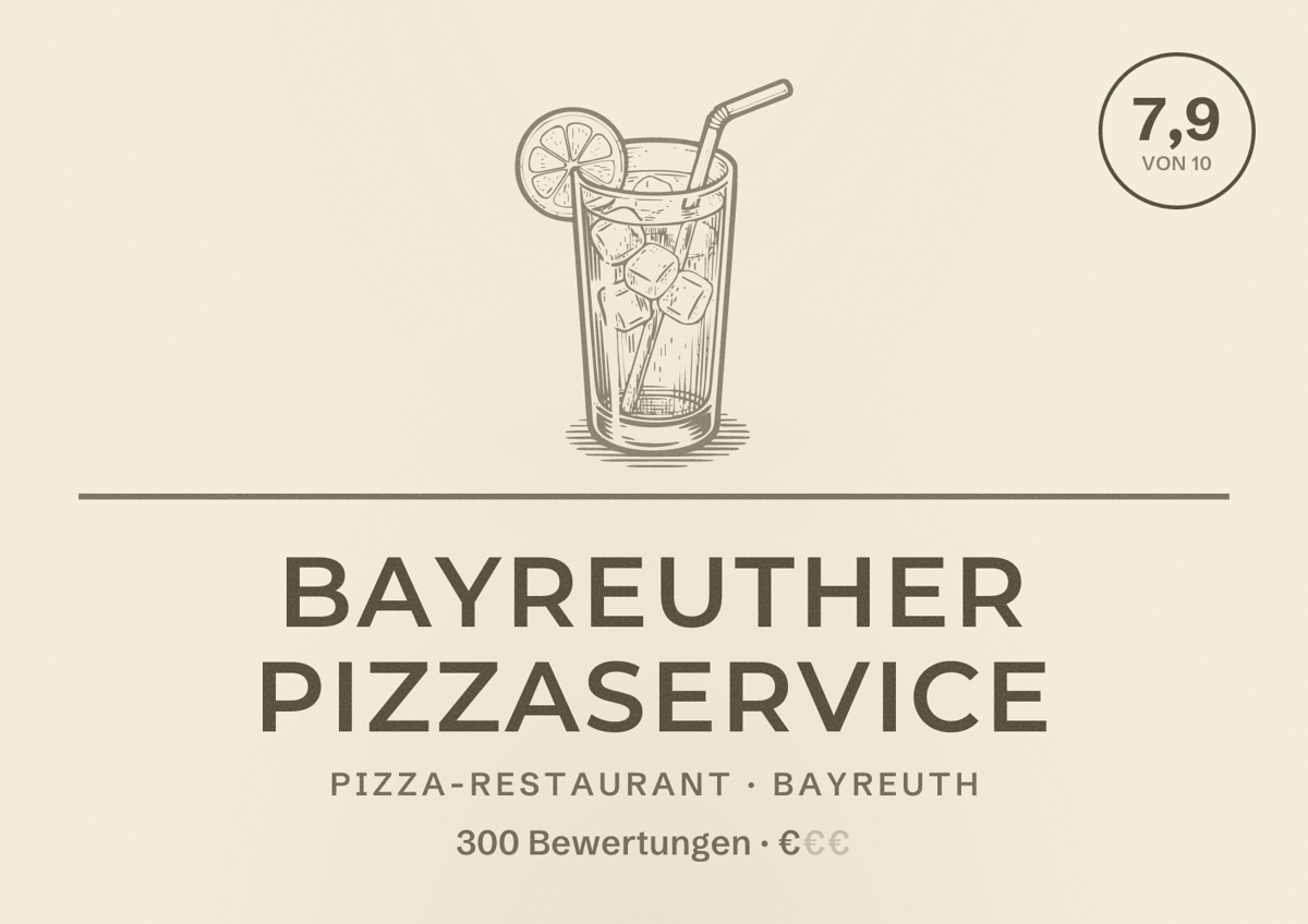 Illustriertes Poster von Bayreuther Pizzaservice, Pizza-Restaurant in Bayreuth: Bewertung 7,9 von 10 aus 300 Bewertungen, Preisniveau €