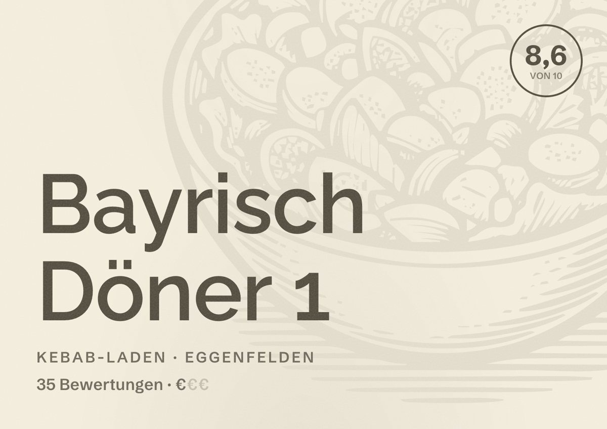 Illustriertes Poster von Bayrisch Döner 1, Kebab-Laden in Eggenfelden: Bewertung 8,6 von 10 aus 35 Bewertungen, Preisniveau €