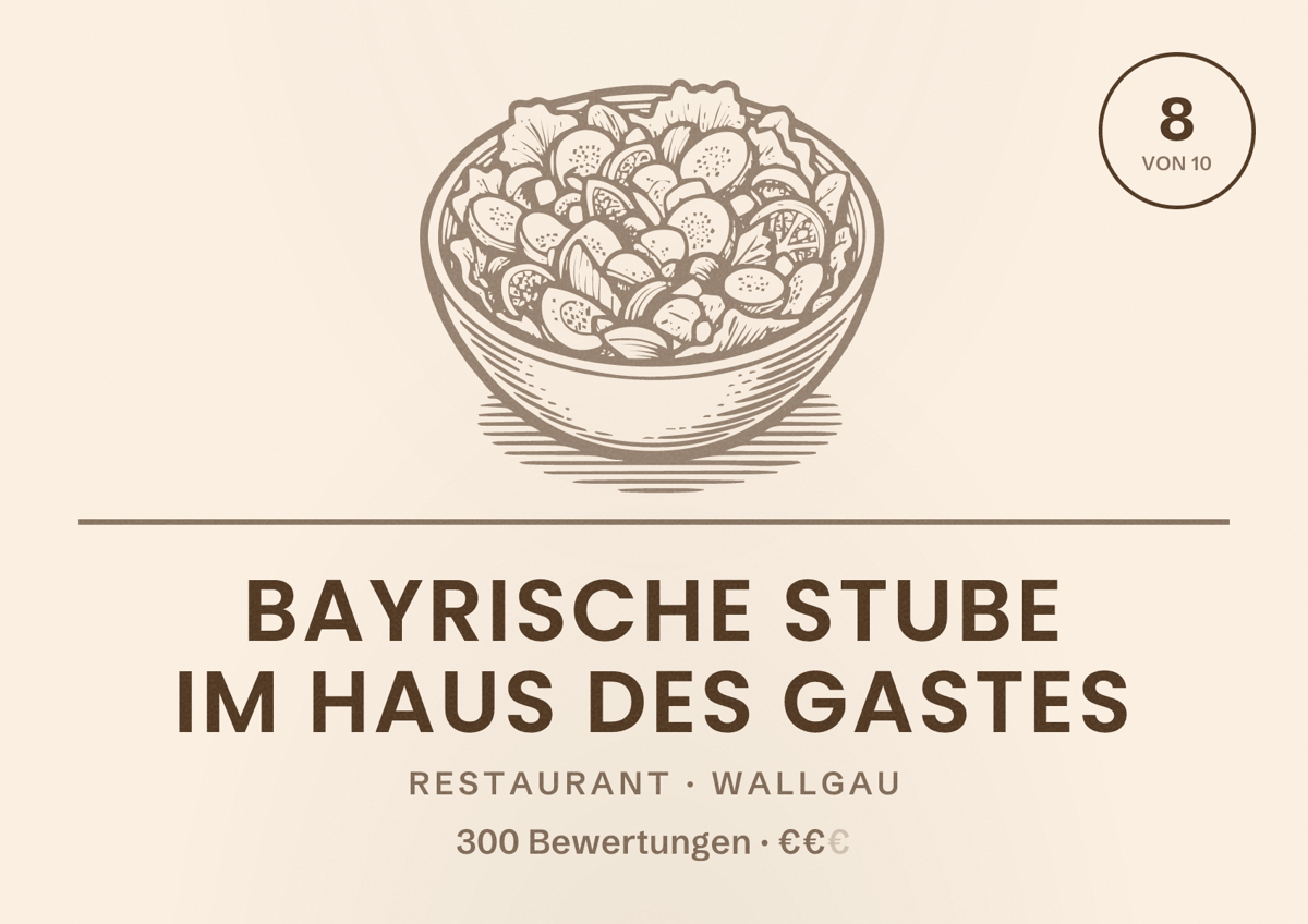 Illustriertes Poster von Bayrische Stube im Haus des Gastes, Restaurant in Wallgau: Bewertung 8 von 10 aus 300 Bewertungen, Preisniveau €€