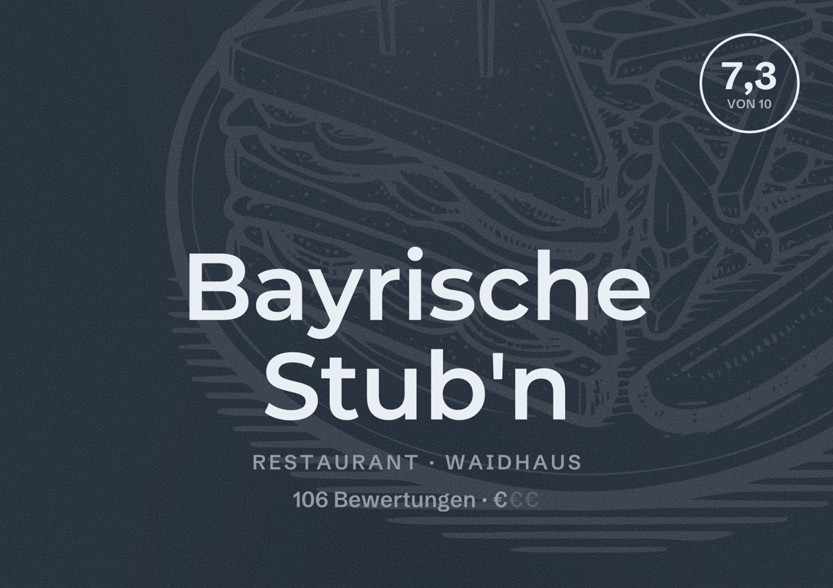 Illustriertes Poster von Bayrische Stub'n, Restaurant in Waidhaus: Bewertung 7,3 von 10 aus 106 Bewertungen, Preisniveau €