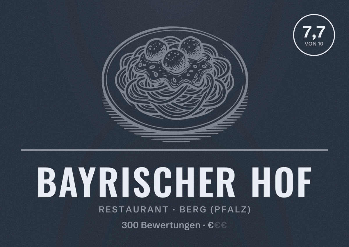 Illustriertes Poster von Bayrischer Hof, Restaurant in Berg (Pfalz): Bewertung 7,7 von 10 aus 300 Bewertungen, Preisniveau €