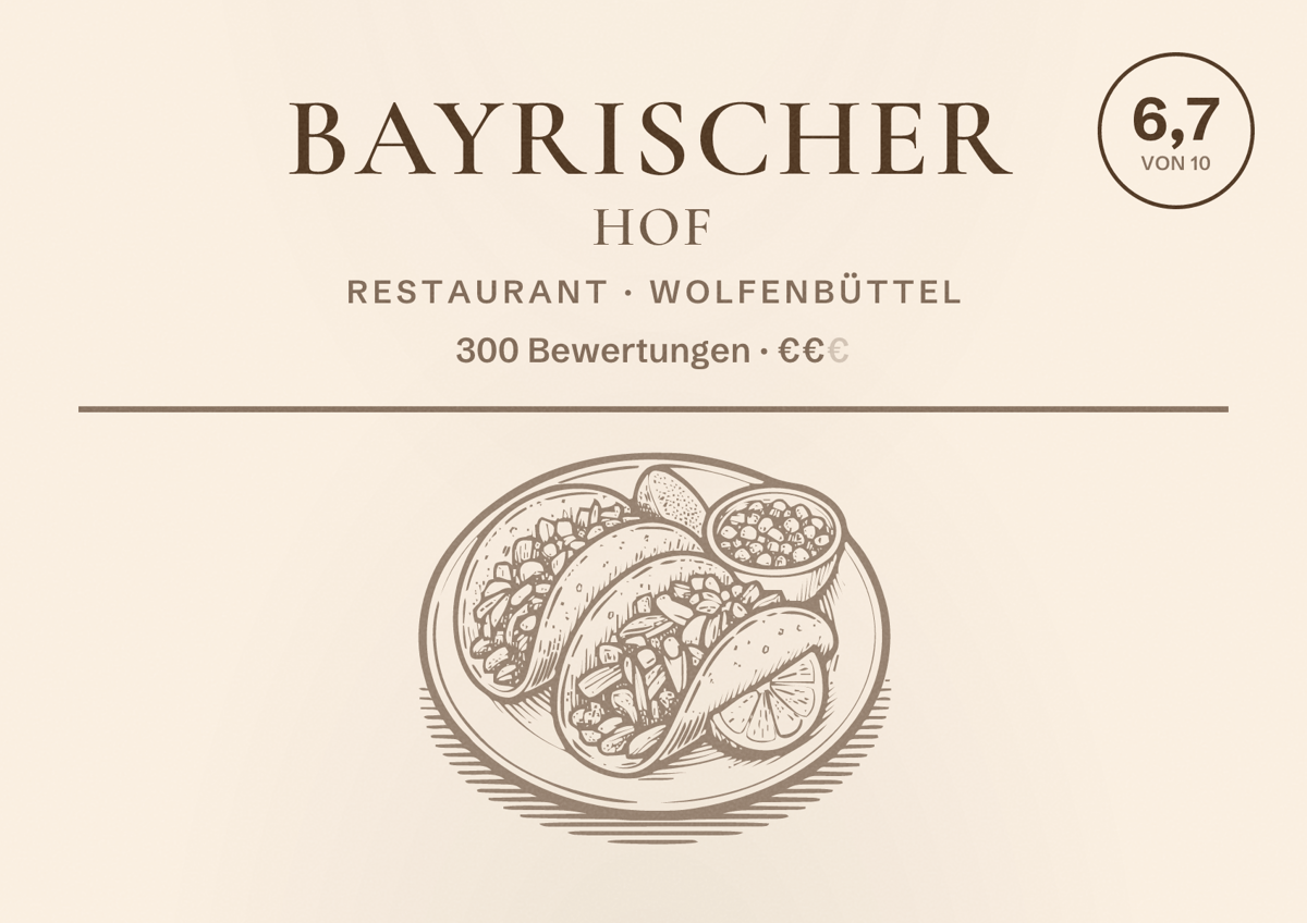 Illustriertes Poster von Bayrischer Hof, Restaurant in Wolfenbüttel: Bewertung 6,7 von 10 aus 300 Bewertungen, Preisniveau €€