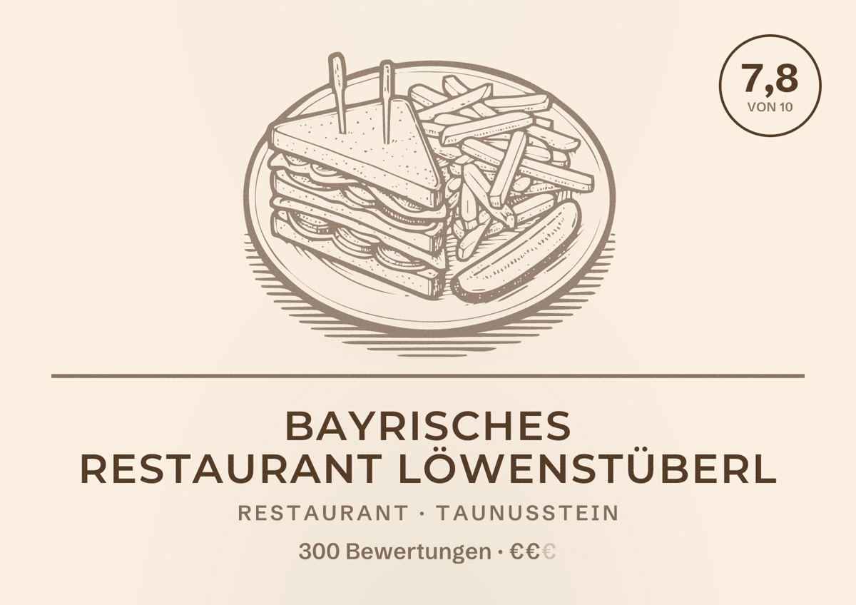 Illustriertes Poster von Bayrisches Restaurant Löwenstüberl, Restaurant in Taunusstein: Bewertung 7,8 von 10 aus 300 Bewertungen, Preisniveau €€