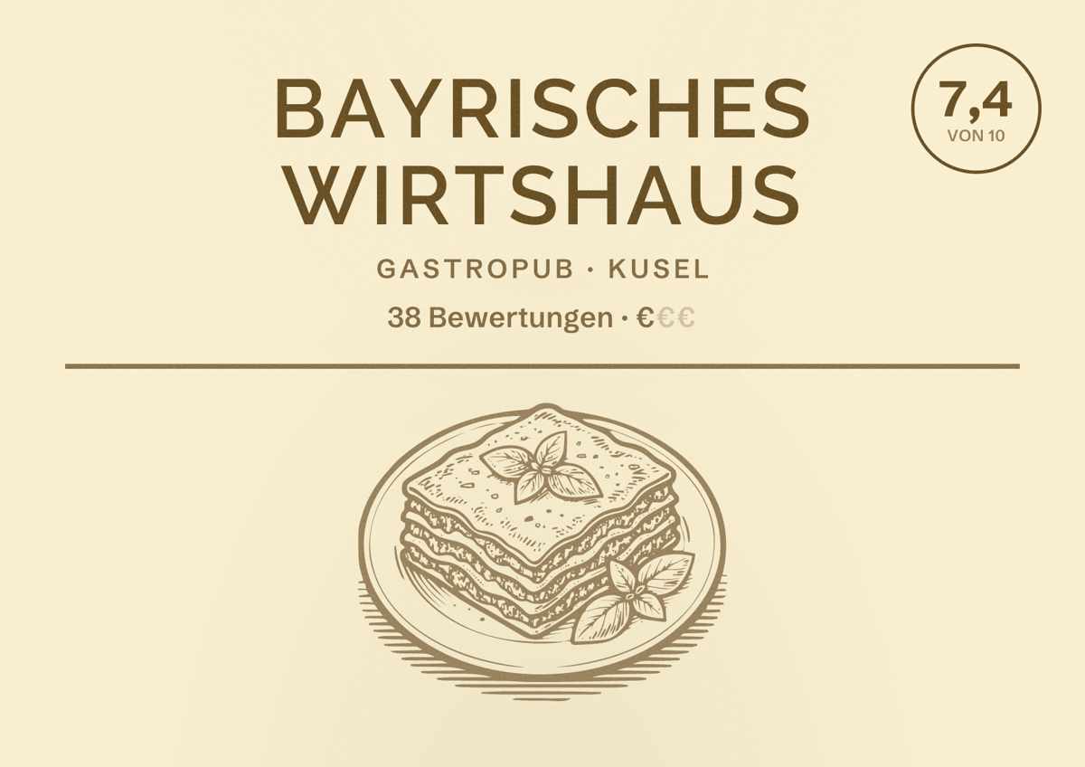 Illustriertes Poster von Bayrisches Wirtshaus, Gastropub in Kusel: Bewertung 7,4 von 10 aus 38 Bewertungen, Preisniveau €