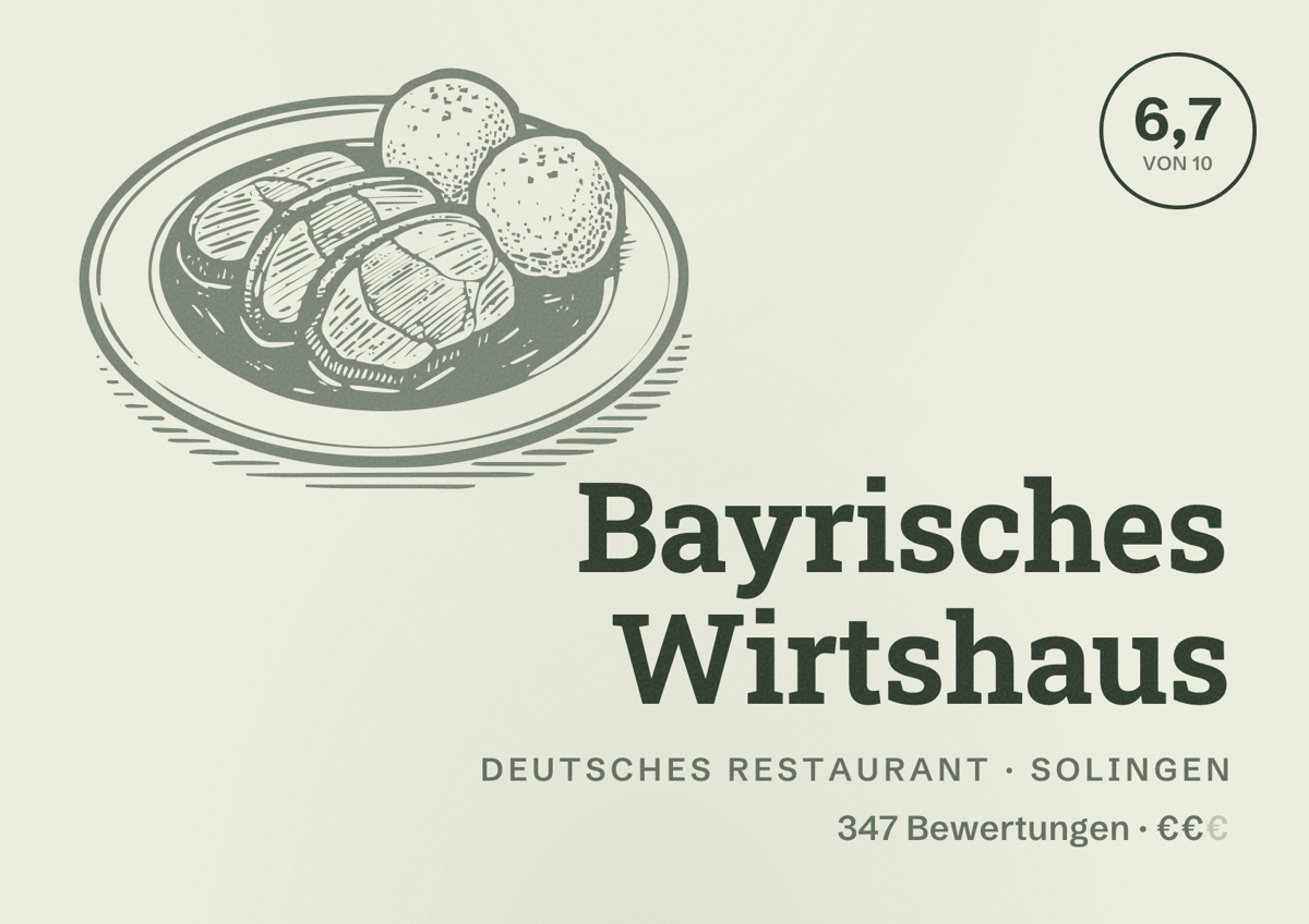 Illustriertes Poster von Bayrisches Wirtshaus, Deutsches Restaurant in Solingen: Bewertung 6,7 von 10 aus 347 Bewertungen, Preisniveau €€