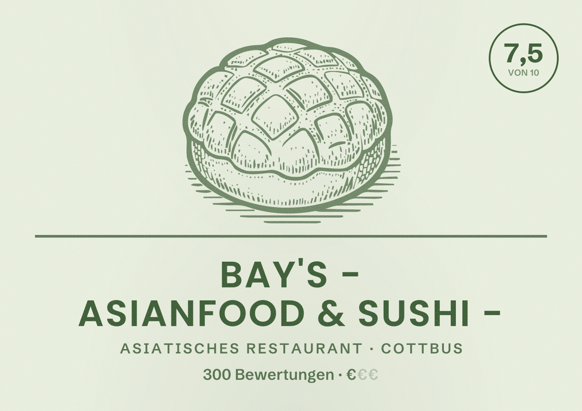 Illustriertes Poster von Bay's - Asianfood & Sushi -, Asiatisches Restaurant in Cottbus: Bewertung 7,5 von 10 aus 300 Bewertungen, Preisniveau €
