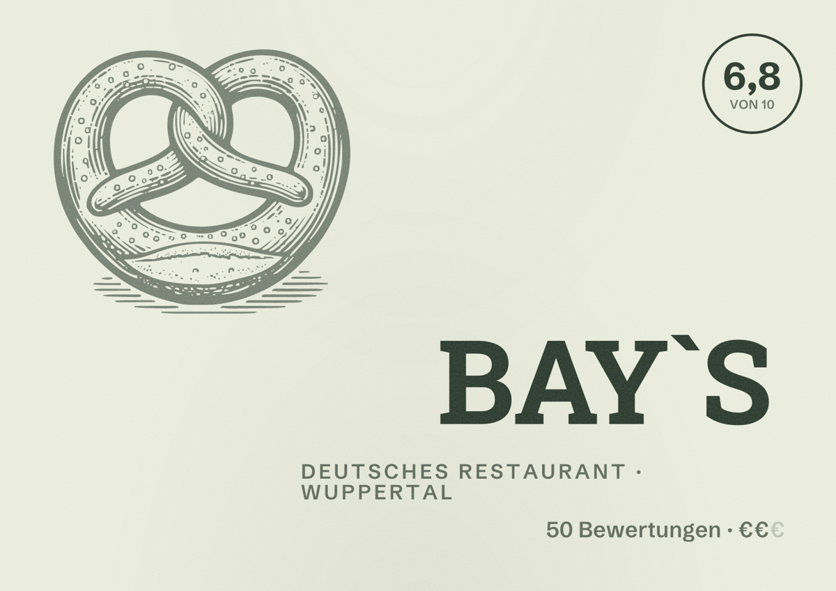 Illustriertes Poster von BAY`S, Deutsches Restaurant in Wuppertal: Gästebewertung 6,8 von 10 aus 50 Bewertungen