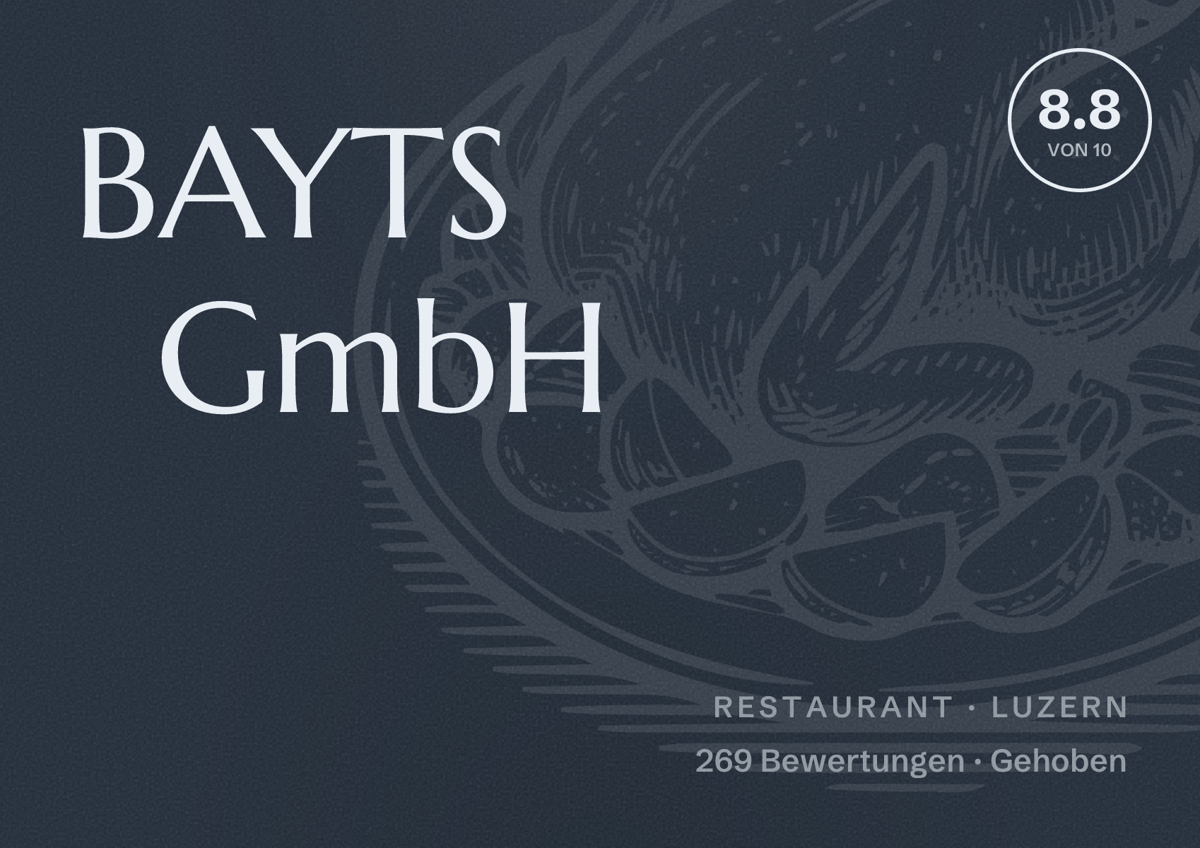 Illustriertes Poster von BAYTS GmbH, Restaurant in Luzern: Bewertung 8.8 von 10 aus 269 Bewertungen, Preisniveau Gehoben