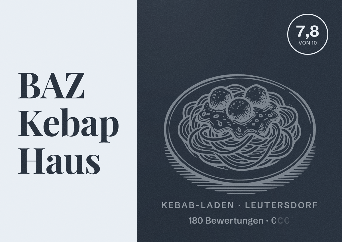 Illustriertes Poster von BAZ Kebap Haus, Kebab-Laden in Leutersdorf: Bewertung 7,8 von 10 aus 180 Bewertungen, Preisniveau €
