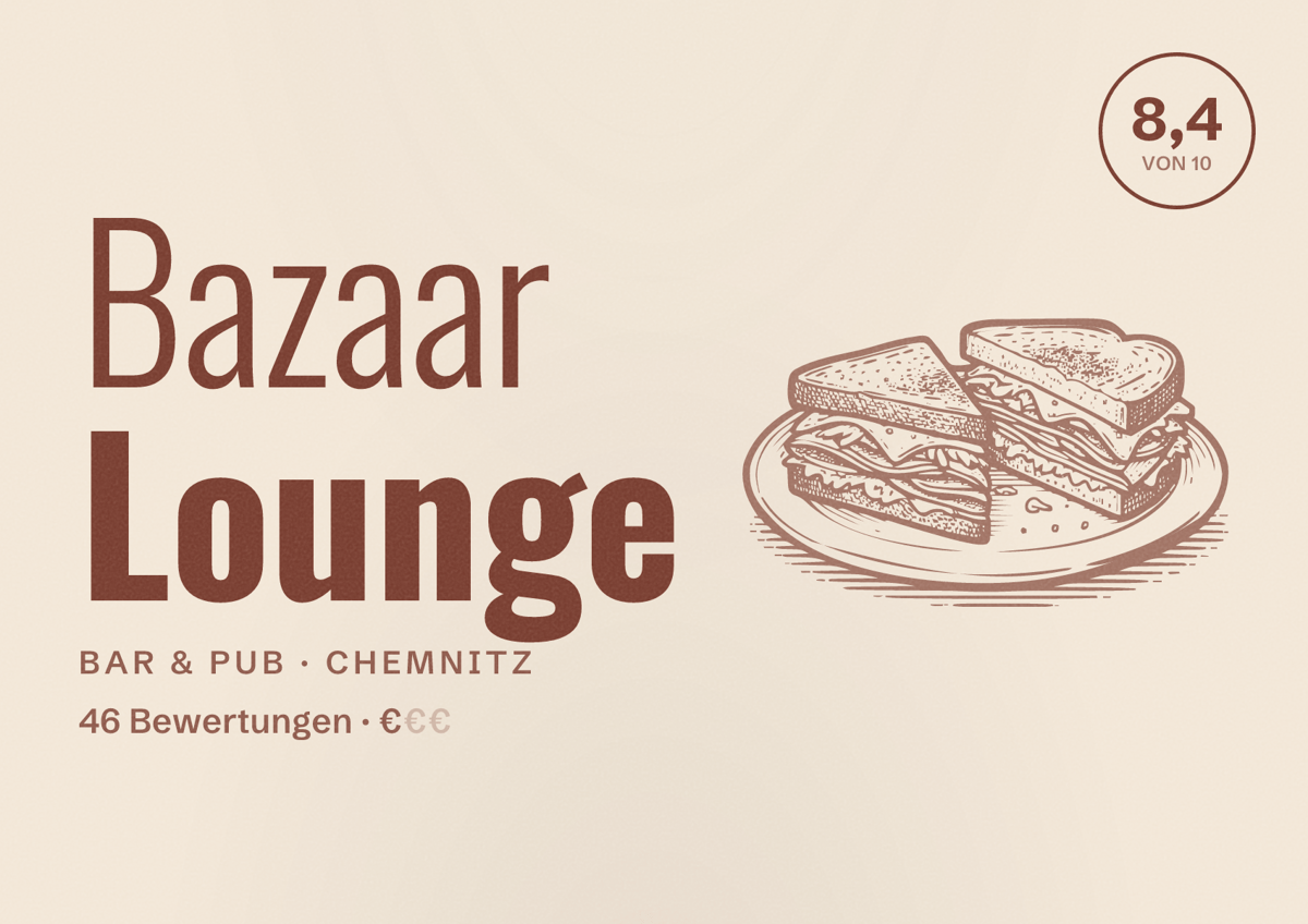 Illustriertes Poster von Bazaar Lounge, Bar & Pub in Chemnitz: Bewertung 8,4 von 10 aus 46 Bewertungen, Preisniveau €