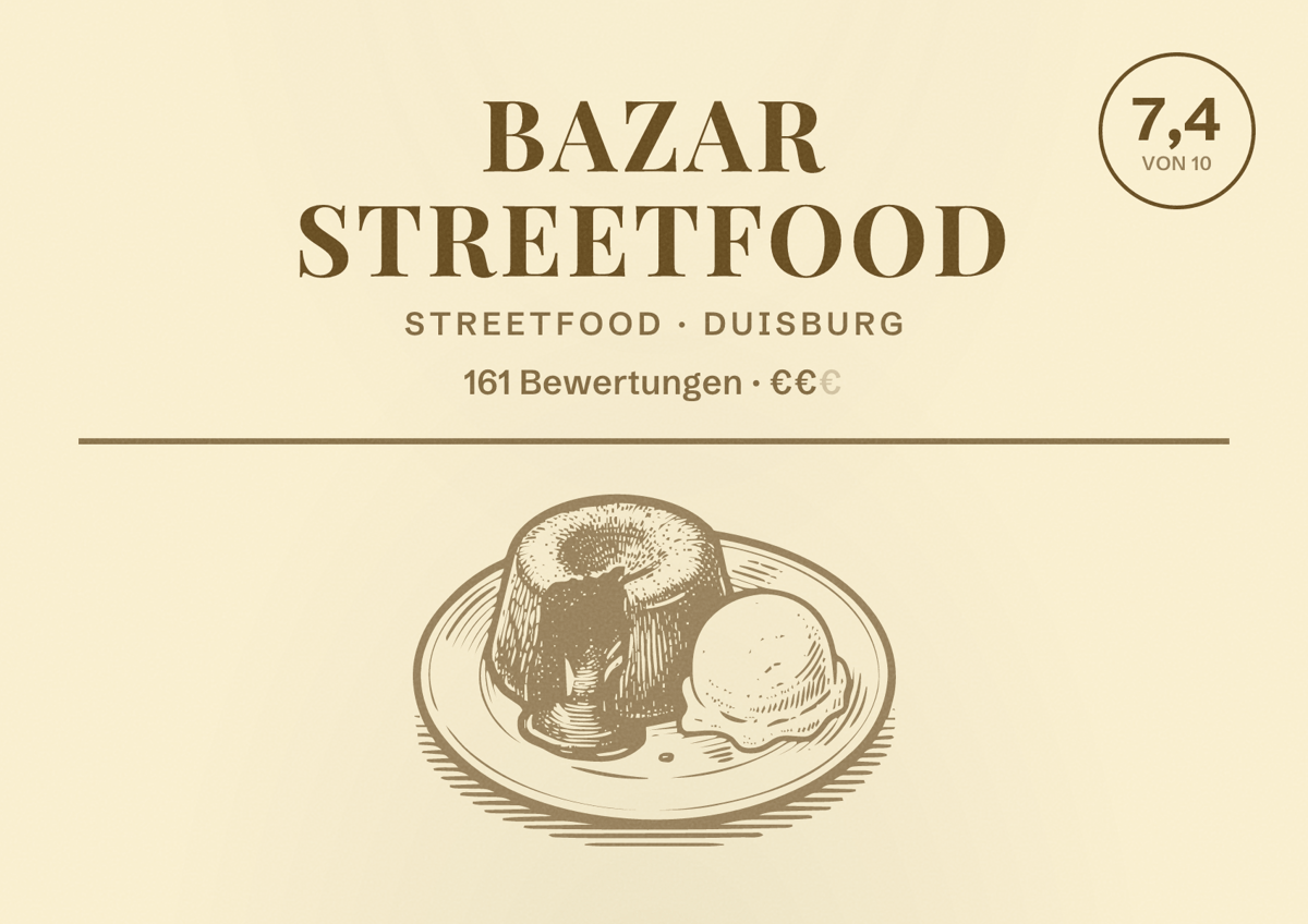 Illustriertes Poster von BAZAR Streetfood, Streetfood in Duisburg: Bewertung 7,4 von 10 aus 161 Bewertungen, Preisniveau €€