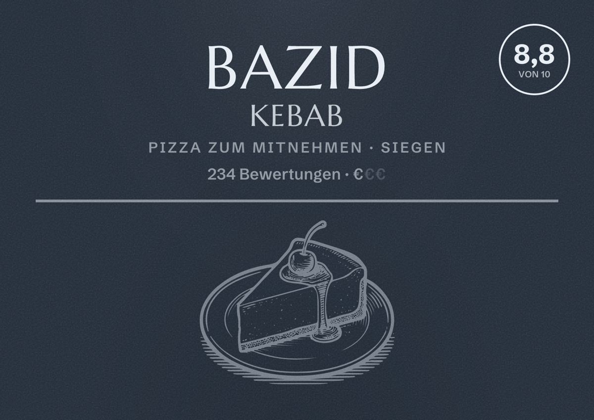 Illustriertes Poster von Bazid Kebab, Pizza zum Mitnehmen in Siegen: Bewertung 8,8 von 10 aus 234 Bewertungen, Preisniveau €