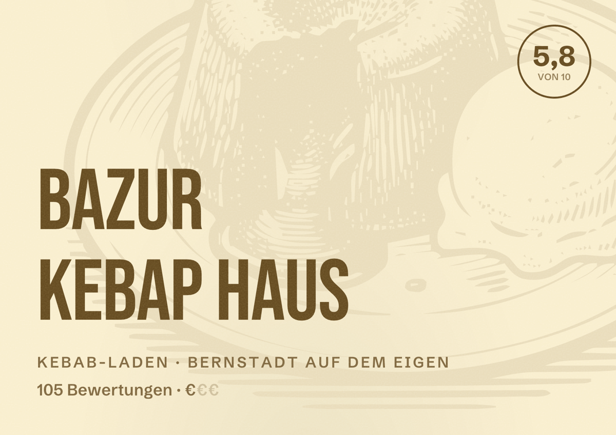 Illustriertes Poster von Bazur Kebap Haus, Kebab-Laden in Bernstadt auf dem Eigen: Bewertung 5,8 von 10 aus 105 Bewertungen, Preisniveau €