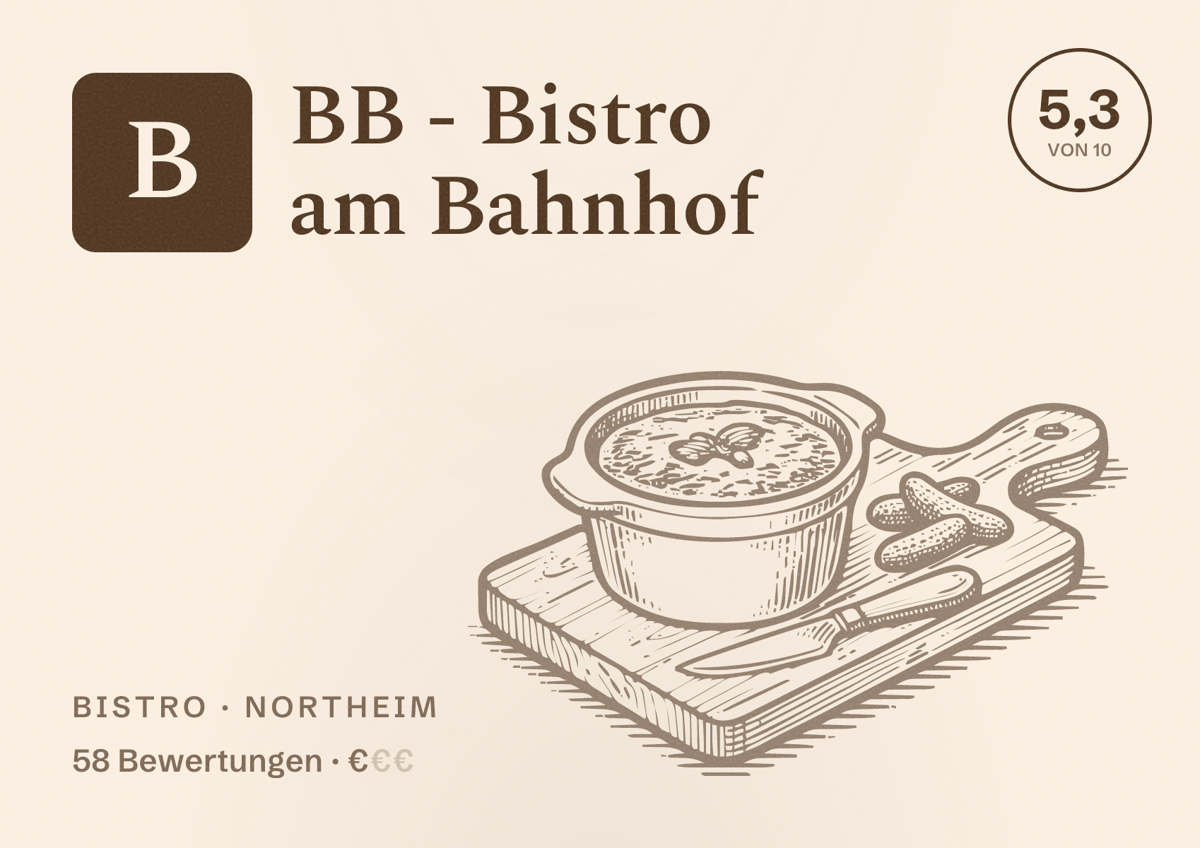 Illustriertes Poster von BB - Bistro am Bahnhof, Bistro in Northeim: Bewertung 5,3 von 10 aus 58 Bewertungen, Preisniveau €