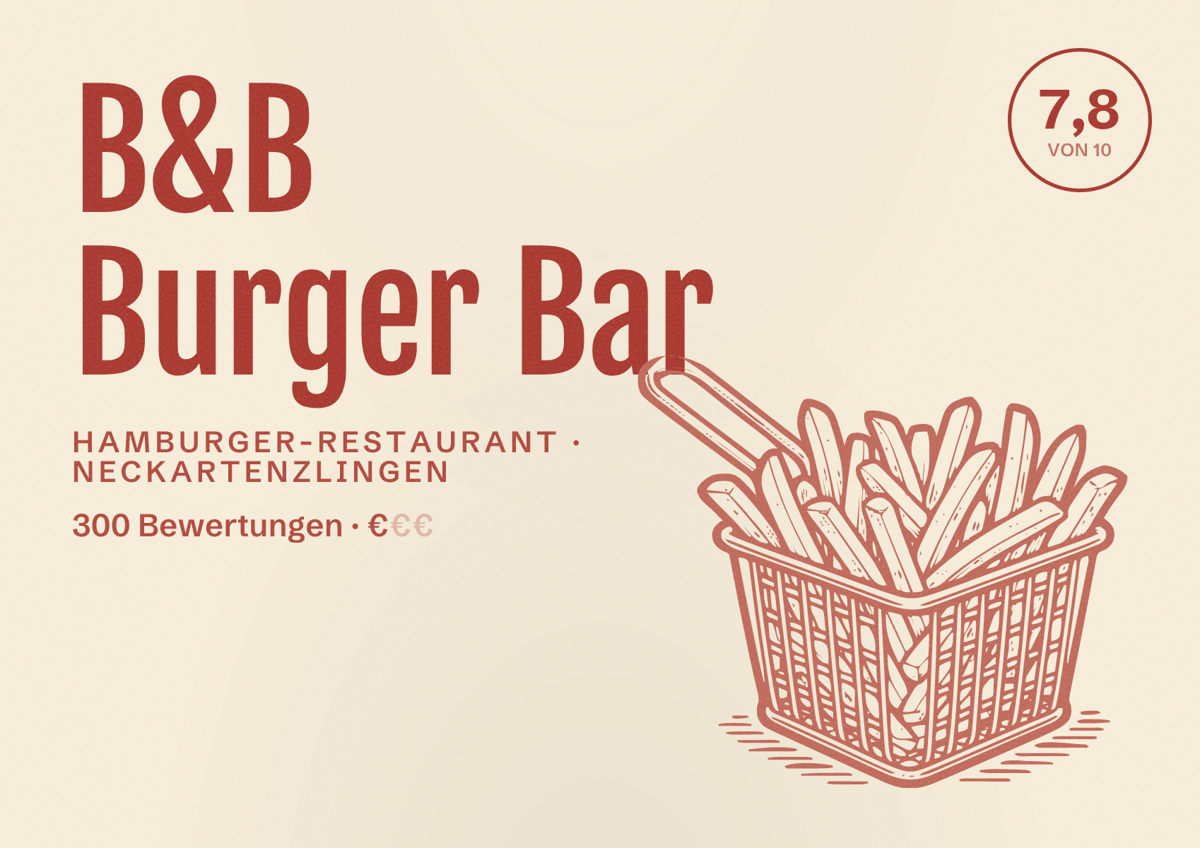 Illustriertes Poster von B&B Burger Bar, Hamburger-Restaurant in Neckartenzlingen: Bewertung 7,8 von 10 aus 300 Bewertungen, Preisniveau €