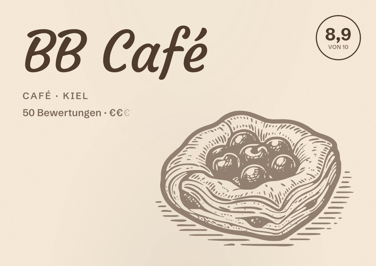 Illustriertes Poster von BB Café, Café in Kiel: Bewertung 8,9 von 10 aus 50 Bewertungen, Preisniveau €€