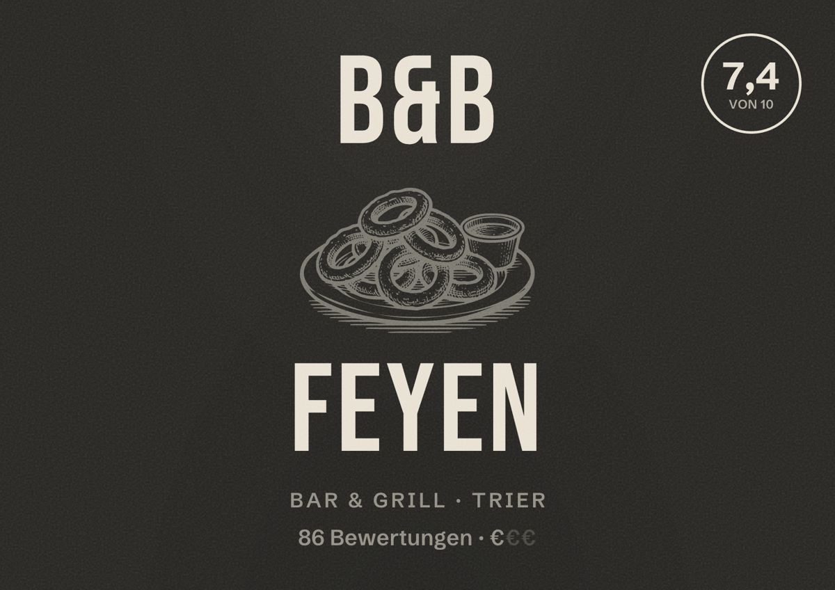 Illustriertes Poster von B&B Feyen, Bar & Grill in Trier: Bewertung 7,4 von 10 aus 86 Bewertungen, Preisniveau €