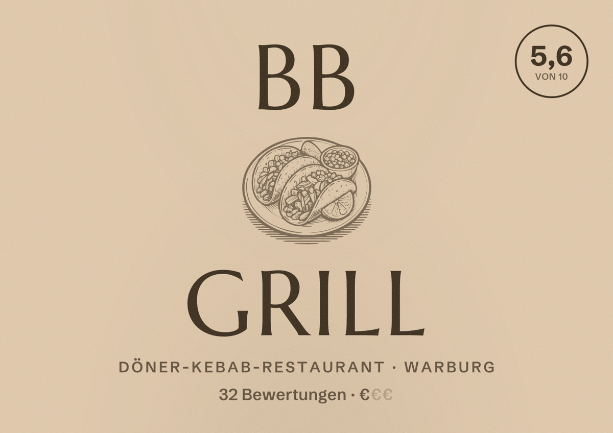 Illustriertes Poster von BB Grill, Döner-Kebab-Restaurant in Warburg: Bewertung 5,6 von 10 aus 32 Bewertungen, Preisniveau €