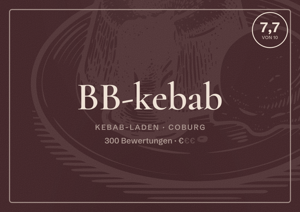 Illustriertes Poster von BB-kebab, Kebab-Laden in Coburg: Bewertung 7,7 von 10 aus 300 Bewertungen, Preisniveau €