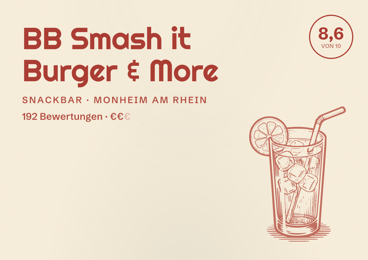 Illustriertes Poster von BB Smash it Burger & More, Snackbar in Monheim am Rhein: Bewertung 8,6 von 10 aus 192 Bewertungen, Preisniveau €€