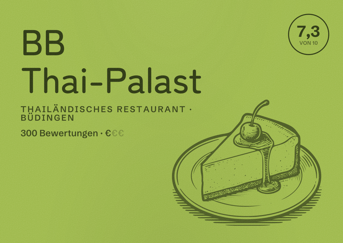 Illustriertes Poster von BB Thai-Palast, Thailändisches Restaurant in Büdingen: Bewertung 7,3 von 10 aus 300 Bewertungen, Preisniveau €