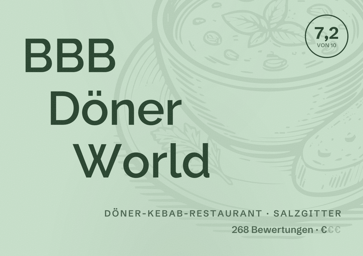 Illustriertes Poster von BBB Döner World, Döner-Kebab-Restaurant in Salzgitter: Bewertung 7,2 von 10 aus 268 Bewertungen, Preisniveau €