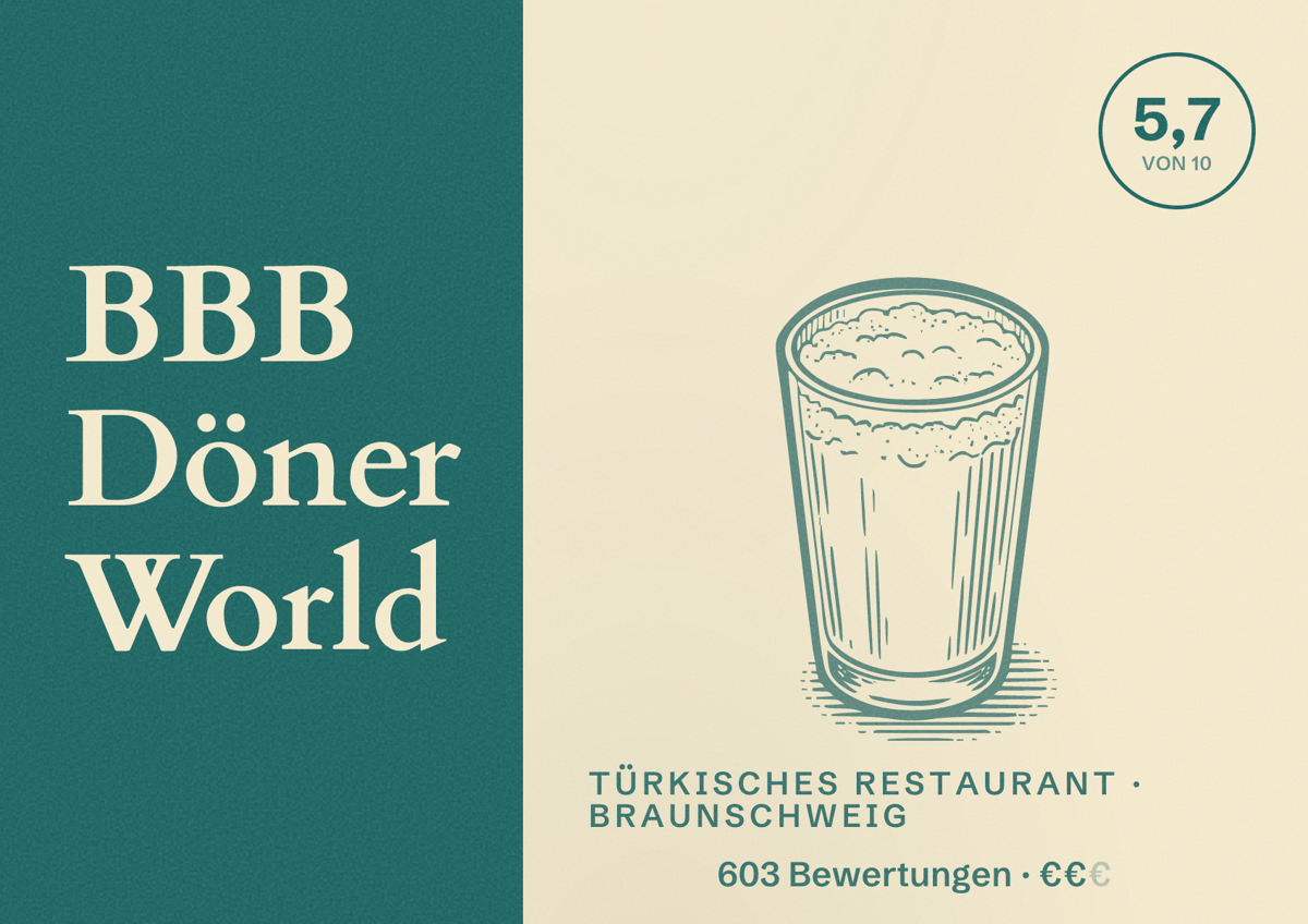 Illustriertes Poster von BBB Döner World, Türkisches Restaurant in Braunschweig: Bewertung 5,7 von 10 aus 603 Bewertungen, Preisniveau €€