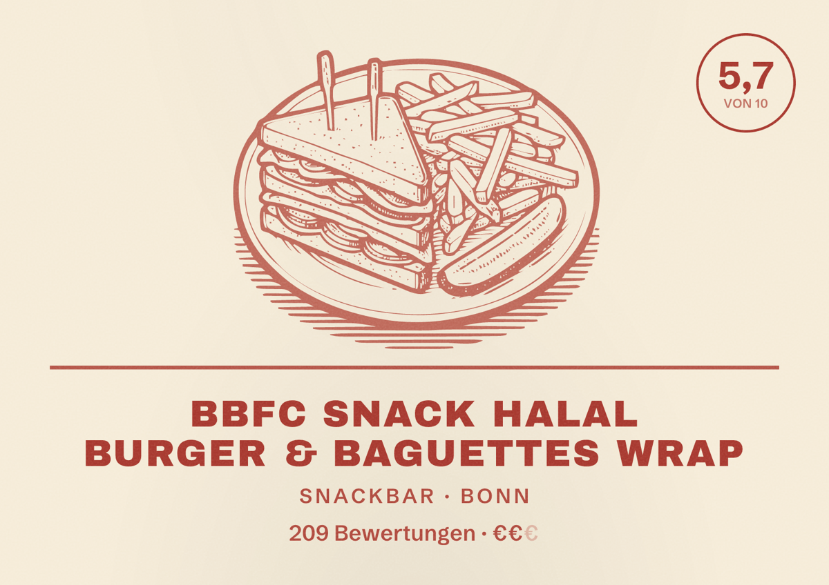 Illustriertes Poster von BBFC SNACK Halal Burger & Baguettes Wrap, Snackbar in Bonn: Bewertung 5,7 von 10 aus 209 Bewertungen, Preisniveau €€