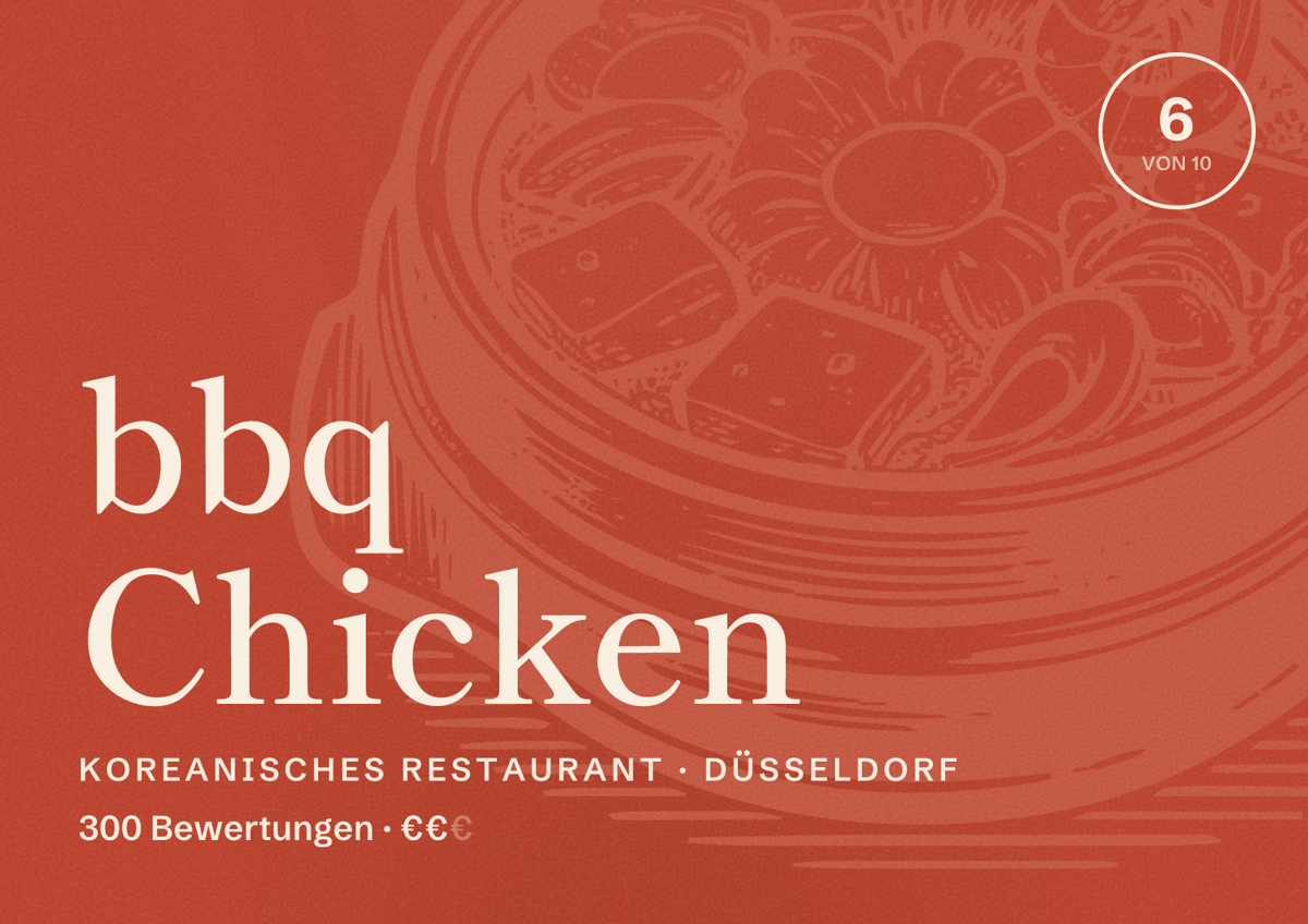 Illustriertes Poster von bbq Chicken, Koreanisches Restaurant in Düsseldorf: Bewertung 6,0 von 10 aus 300 Bewertungen, Preisniveau €€