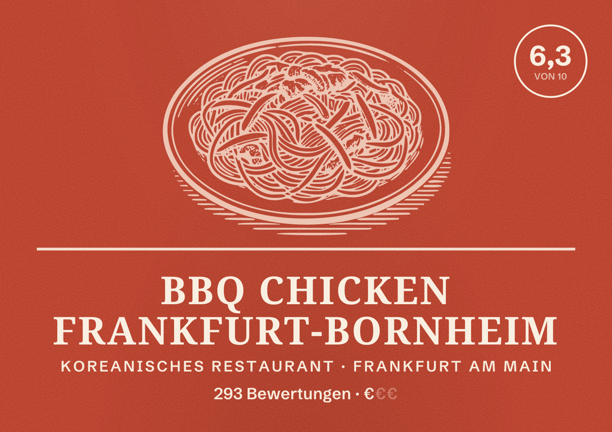Illustriertes Poster von bbq Chicken Frankfurt-Bornheim, Koreanisches Restaurant in Frankfurt am Main: Bewertung 6,3 von 10 aus 293 Bewertungen, Preisniveau €