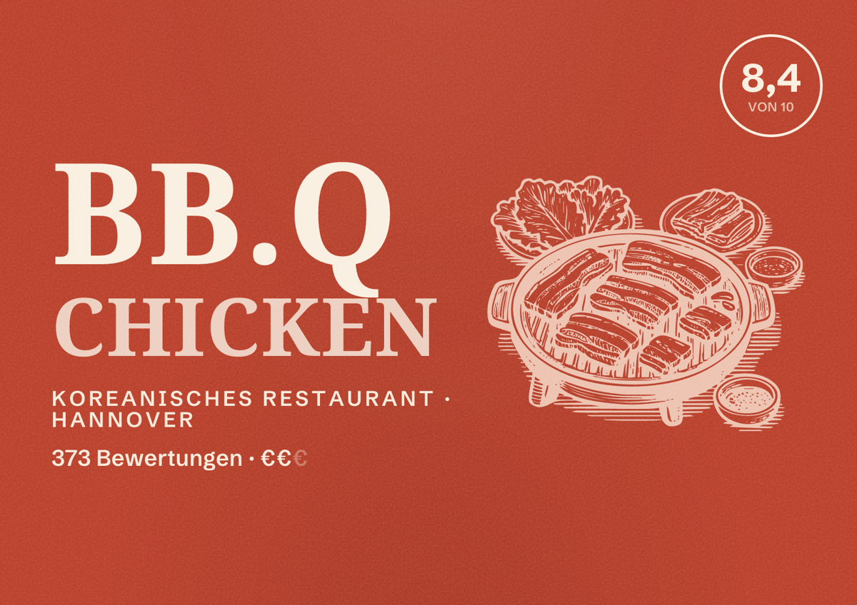 Illustriertes Poster von bb.q Chicken, Koreanisches Restaurant in Hannover: Bewertung 8,4 von 10 aus 373 Bewertungen, Preisniveau €€