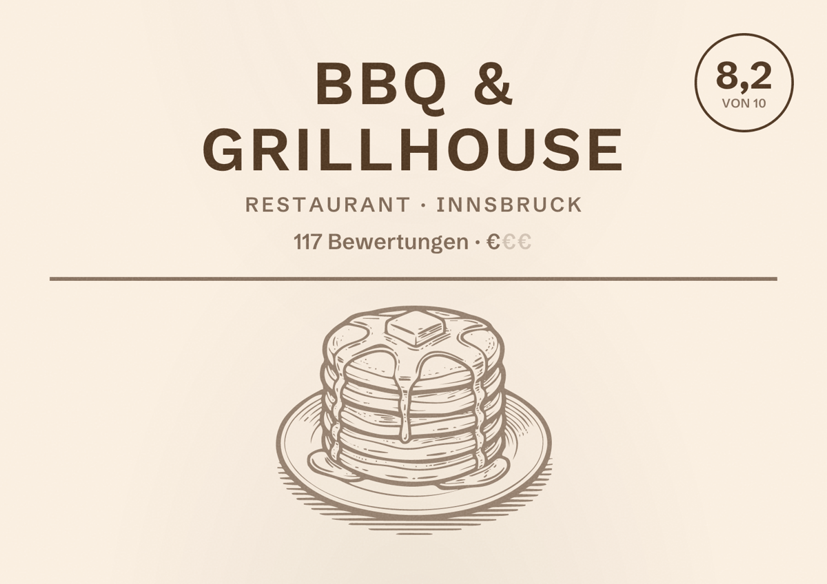 Illustriertes Poster von BBQ & Grillhouse, Restaurant in Innsbruck: Bewertung 8,2 von 10 aus 117 Bewertungen, Preisniveau €
