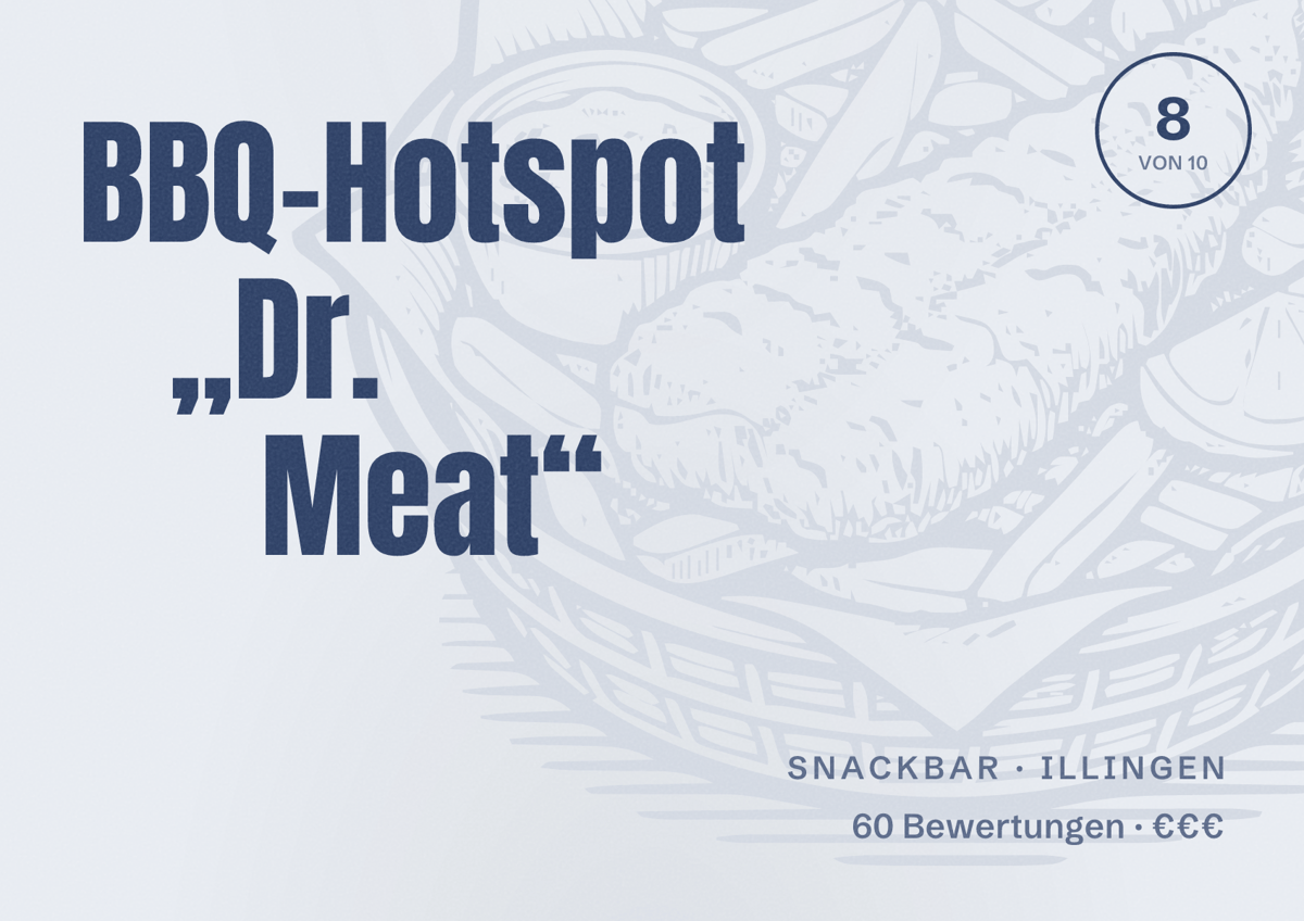 Illustriertes Poster von BBQ-Hotspot „Dr. Meat“, Snackbar in Illingen: Bewertung 8 von 10 aus 60 Bewertungen, Preisniveau €€€