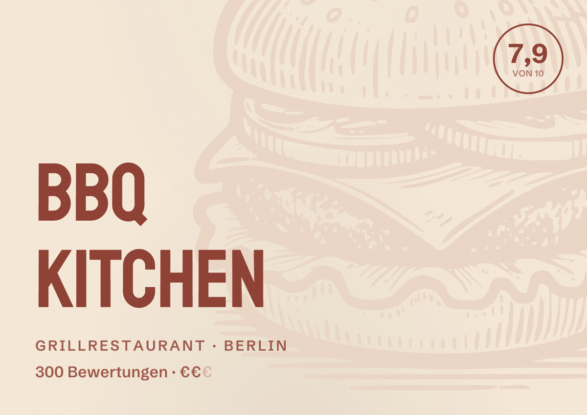 Illustriertes Poster von BBQ Kitchen, Grillrestaurant in Berlin: Bewertung 7,9 von 10 aus 300 Bewertungen, Preisniveau €€