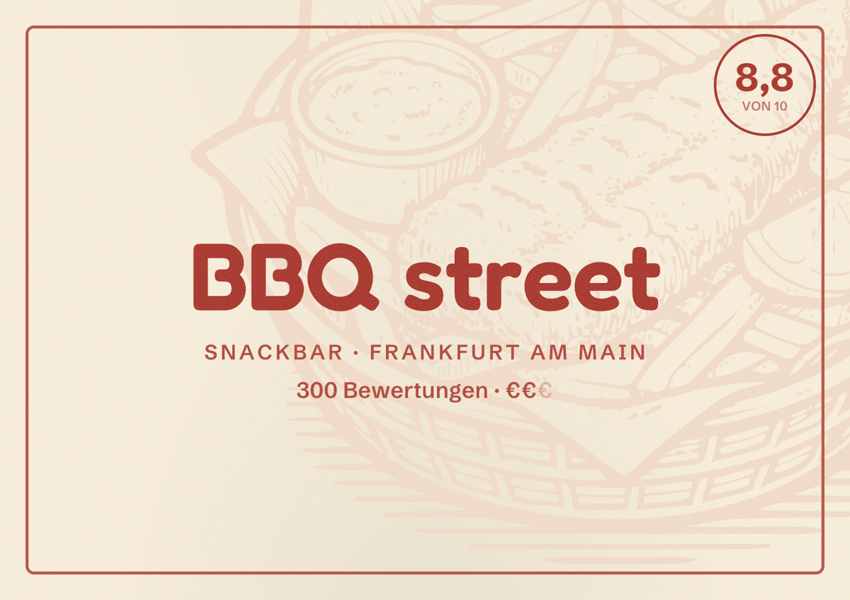 Illustriertes Poster von BBQ street, Snackbar in Frankfurt am Main: Bewertung 8,8 von 10 aus 300 Bewertungen, Preisniveau €€