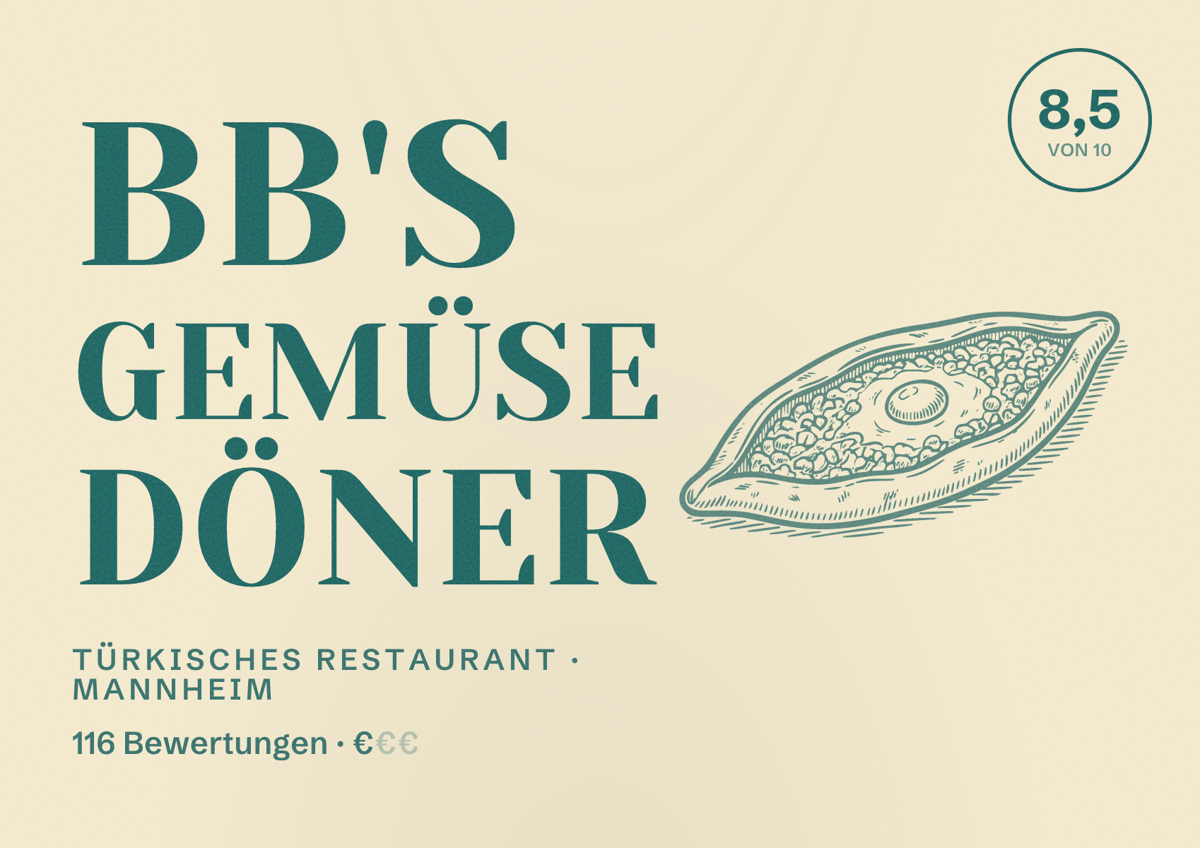 Illustriertes Poster von BB'S Gemüse Döner, Türkisches Restaurant in Mannheim: Bewertung 8,5 von 10 aus 116 Bewertungen, Preisniveau €