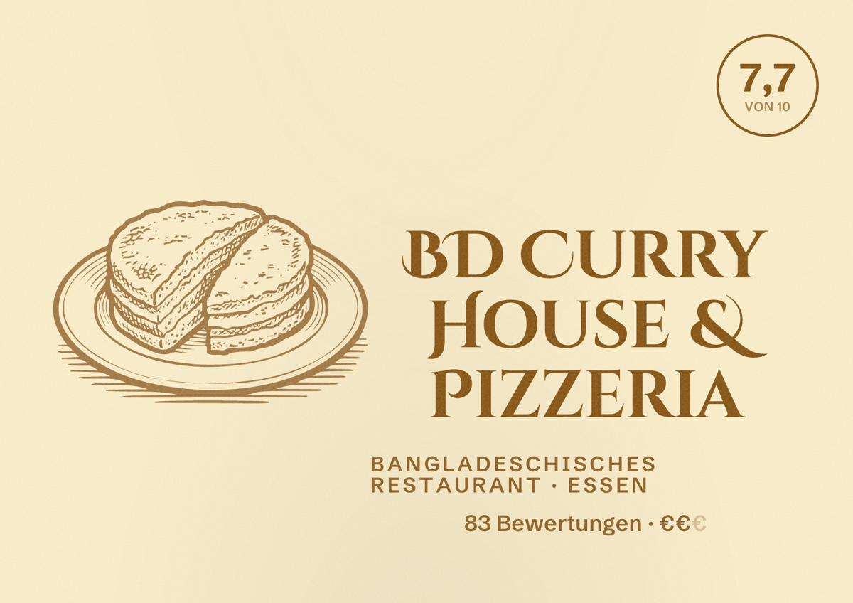 Illustriertes Poster von BD Curry House & Pizzeria, Bangladeschisches Restaurant in Essen: Bewertung 7,7 von 10 aus 83 Bewertungen, Preisniveau €€