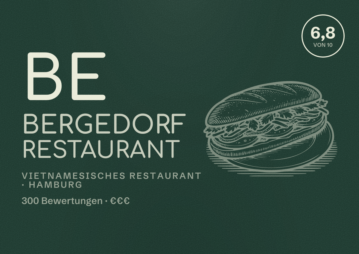 Illustriertes Poster von BE Bergedorf Restaurant, Vietnamesisches Restaurant in Hamburg: Bewertung 6,8 von 10 aus 300 Bewertungen, Preisniveau €€€
