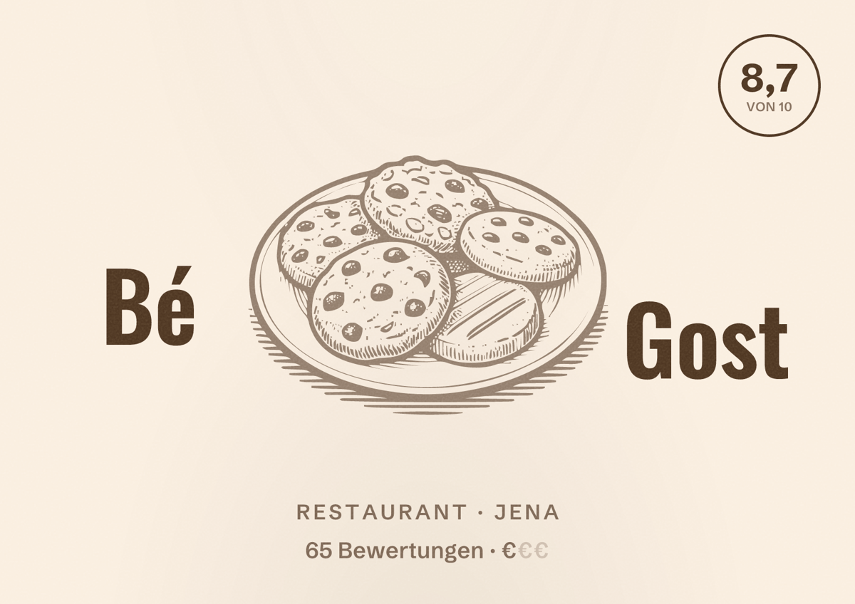 Illustriertes Poster von Bé Gost, Restaurant in Jena: Bewertung 8,7 von 10 aus 65 Bewertungen, Preisniveau €