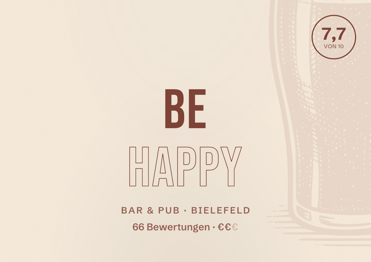 Illustriertes Poster von Be Happy, Bar & Pub in Bielefeld: Bewertung 7,7 von 10 aus 66 Bewertungen, Preisniveau €€