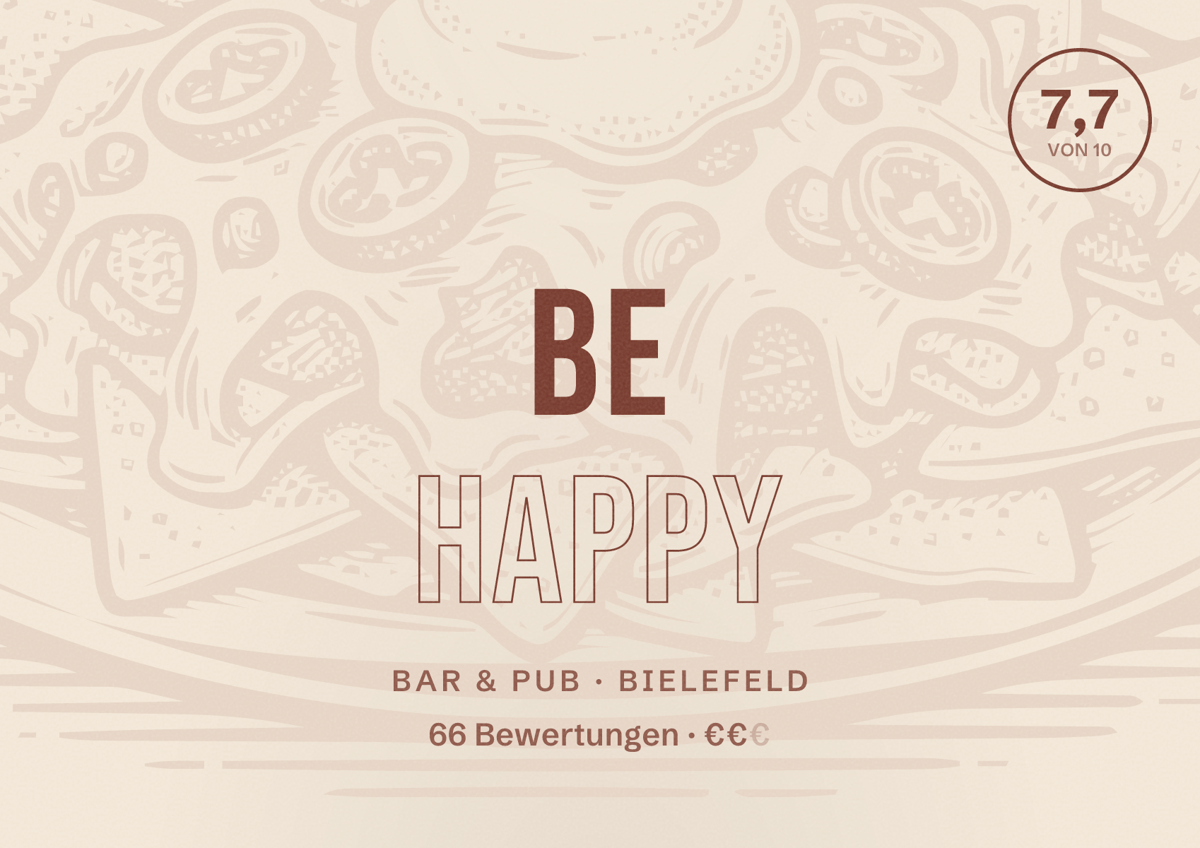 Illustriertes Poster von Be Happy, Bar & Pub in Bielefeld: Bewertung 7,7 von 10 aus 66 Bewertungen, Preisniveau €€