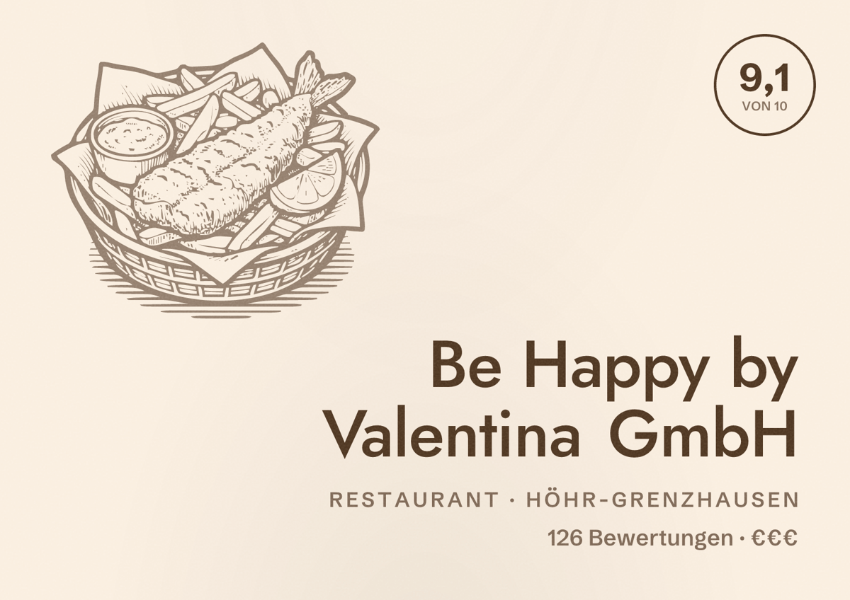 Illustriertes Poster von Be Happy by Valentina GmbH, Restaurant in Höhr-Grenzhausen: Bewertung 9,1 von 10 aus 126 Bewertungen, Preisniveau €€€