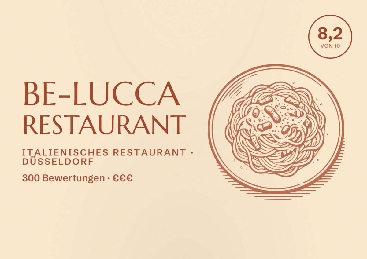 Illustriertes Poster von be-lucca Restaurant, Italienisches Restaurant in Düsseldorf: Bewertung 8,2 von 10 aus 300 Bewertungen, Preisniveau €€€