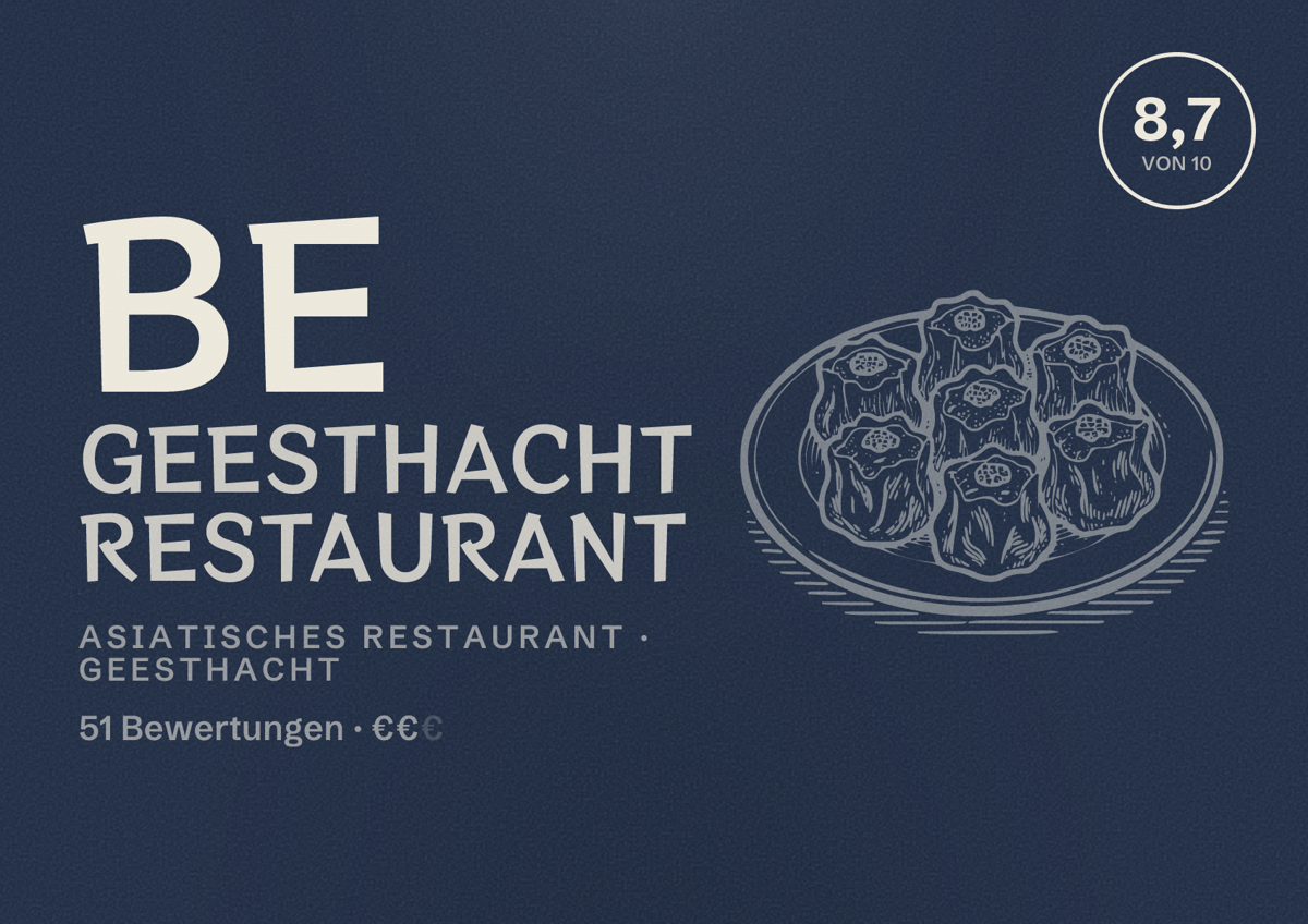 Illustriertes Poster von BE Geesthacht Restaurant, Asiatisches Restaurant in Geesthacht: Bewertung 8,7 von 10 aus 51 Bewertungen, Preisniveau €€